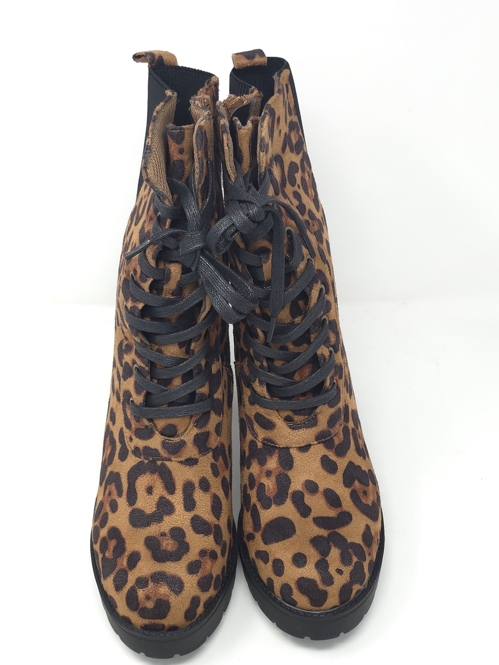 Leopard Print Chunky Heel Ankle Boots Faux Suede Lace Up Platform Zipper Trendy - Picture 12 of 12